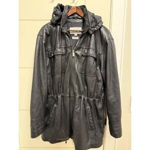Vintage  Wilsons Leather Men Black Soft Leather Hooded Coat/Drawstring Coat L